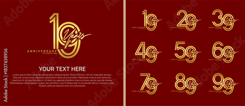 anniversary logo set with handwriting. gold color on red background for celebration moment