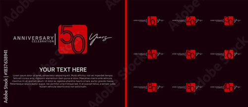 anniversary logo set with square. red and white color on purple background for celebration moment