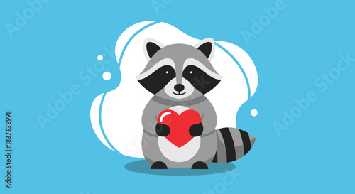 An adorable cartoon raccoon holding a red heart against a simple blue background expressing love and affection for a card.
