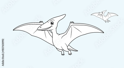 A children's coloring page activity featuring a smiling cartoon pterodactyl dinosaur flying through a light blue sky.