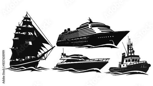 Vector illustration of various ships and boats on transparent background for design