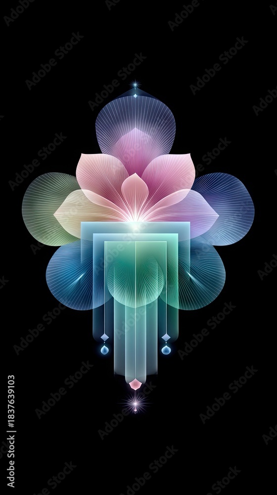 Fototapeta premium Abstract Lotus Flower Radiating Light on Black Background
