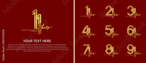 anniversary logo set with handwriting. gold color on red background for celebration moment