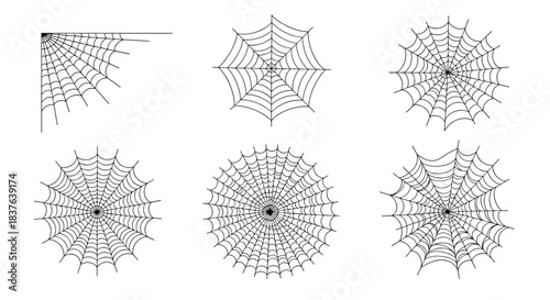 A set of six different black spider web illustrations including a corner web and several circular webs for Halloween design.