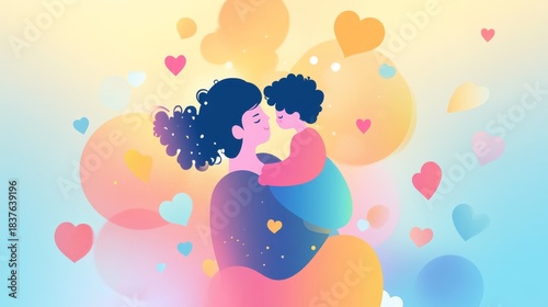 97.A colorful illustration of a parent embracing a child, surrounded by playful shapes and heart symbols, with a soft blue and pink gradient background.