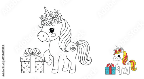 A lovely unicorn wearing a flower crown next to a gift box for a children's coloring page with a colorful example.