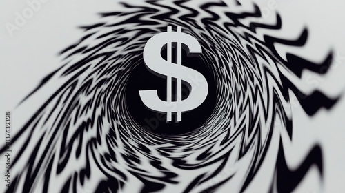 cynicism. A distorted spiral pattern featuring a currency symbol at its center in monochromatic graphic design style. pitch deck slides.