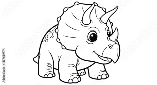 A simple and cute coloring page for kids that features a happy baby triceratops dinosaur standing on a white background.