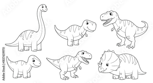A set of six different cute cartoon dinosaurs for a children's coloring book including T-rex triceratops and brachiosaurus.