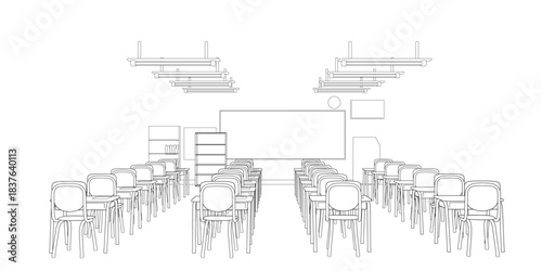 A minimalist contour line drawing of a classroom features neat rows of empty chairs facing a central whiteboard in a sparse, undecorated room.