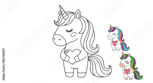A coloring page of a cute unicorn holding a heart with two small colorful examples provided for inspiration for the kids.