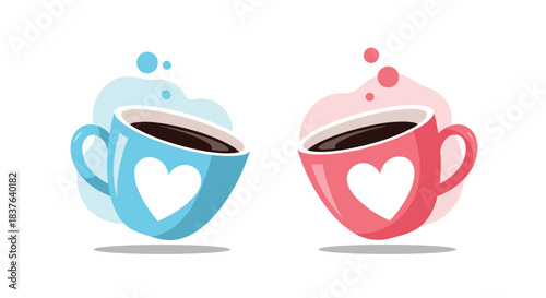 Two cute cartoon coffee cups a blue one and a pink one with white hearts representing love and romance on Valentine's day.