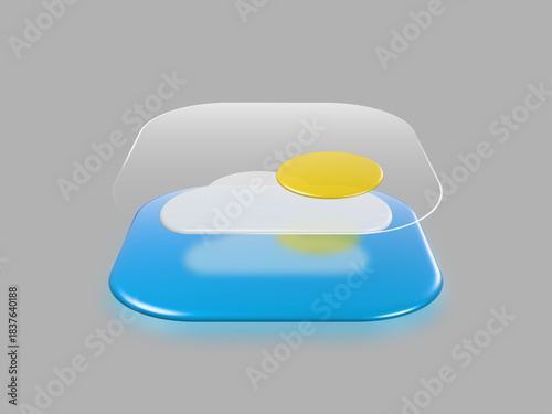 3D Glass Weather Icon with Cloud and Sun. Modern 3D weather icon featuring a glossy glass-style square tile with a white cloud and golden sun.