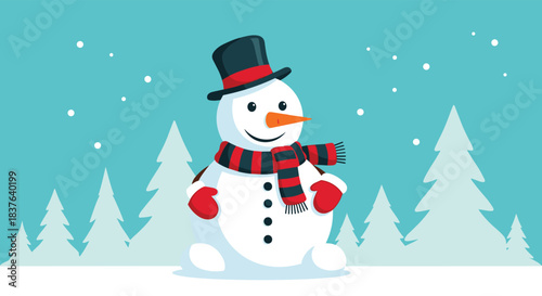 A happy cartoon snowman wearing a black top hat and a red striped scarf stands in a snowy winter forest with pine trees.