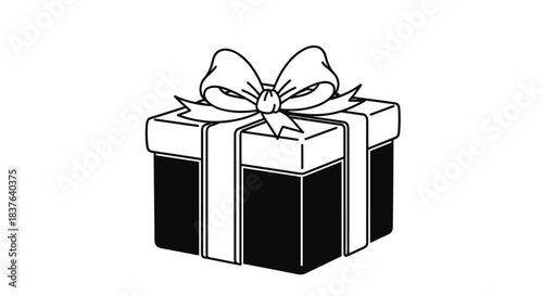 A simple black and white line art icon of a square gift box wrapped with a big ribbon and a bow on top for coloring or design.