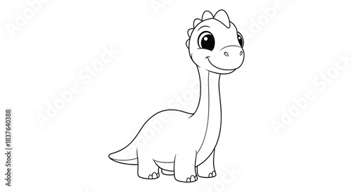 A cute and friendly baby dinosaur cartoon character shown as a black and white outline perfect for a children's coloring book.