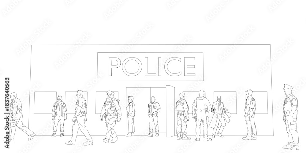Obraz premium A posed line drawing of uniformed police officers standing in a line, featuring a bold black police sign and clean white background.