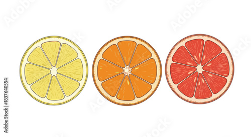 Set of three vibrant citrus fruit slices shown in cross-section including a yellow lemon orange and a red grapefruit illustration.