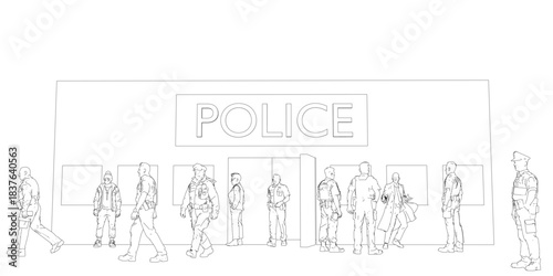 A posed line drawing of uniformed police officers standing in a line, featuring a bold black police sign and clean white background.