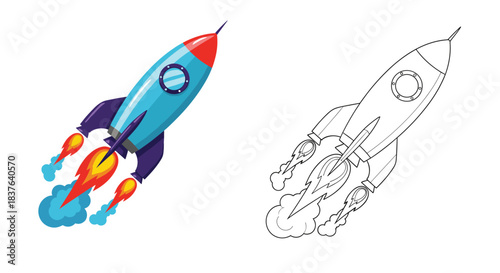 Colorful cartoon rocket ship blasting off and a black and white line art version for a children's coloring book activity page.