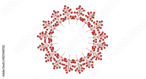 A beautiful and festive circular holiday wreath made from branches of red berries forming a round frame on a white background.