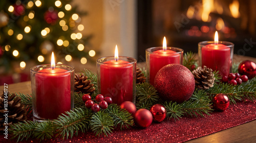 Four red burning candles, Christmas holiday centerpiece, cozy fireplace bokeh