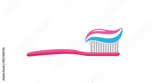 Pink toothbrush with a wave of striped red white and blue toothpaste on the bristles for daily dental care and hygiene.