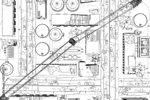 A post-apocalyptic city contour drawing features intricate machinery and a detailed factory blueprint. Top view