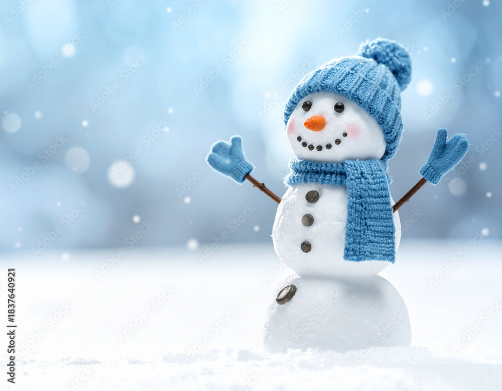 Fototapeta premium Cheerful Snowman in Blue Winter Hat and Scarf, Falling Snowflakes, Soft Bokeh Background.