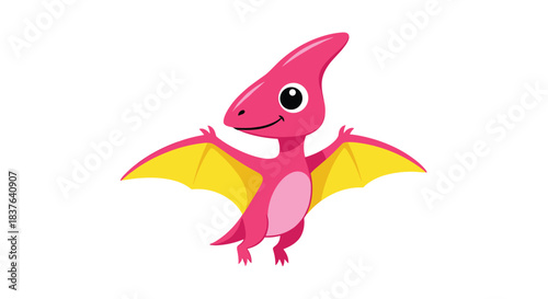 A cute and friendly cartoon baby pterodactyl dinosaur with pink and yellow wings smiling and flying on a white background.