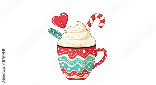 A festive mug of hot chocolate with whipped cream a candy cane and a heart lollipop for a cozy Christmas winter treat.