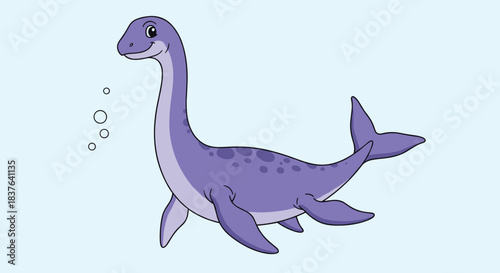 A friendly and cute purple plesiosaur a long-necked marine reptile dinosaur swimming in the water with air bubbles nearby.