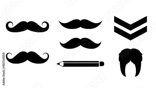 Vector illustration of set of black mustache, chevron, and pencil icons isolated on transparent background
