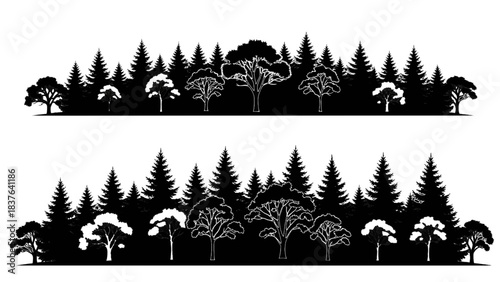 Vector illustration of a forest landscape with diverse trees, on transparent background