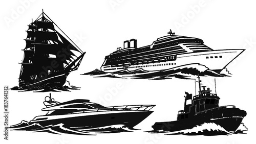 Vector illustration of various watercraft on transparent background, including a sailing ship, cruise liner, yacht, and tugboat