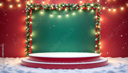 A red round podium and a luminous square frame with Christmas fairy lights.
