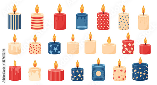 A large set of patriotic burning candles in red white and blue with patterns like stars and stripes for a national holiday.