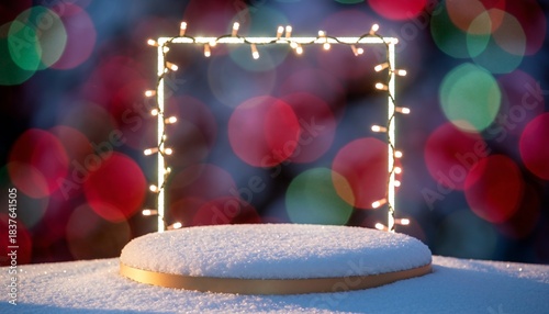 A gold round podium and a luminous square frame with Christmas fairy lights.
