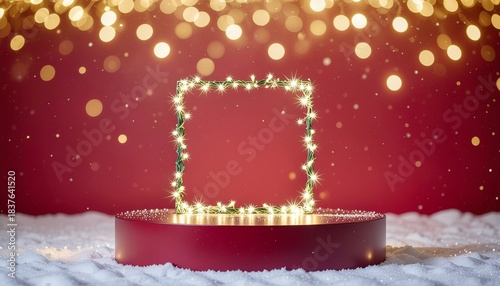 A red round podium and a luminous square frame with Christmas fairy lights.