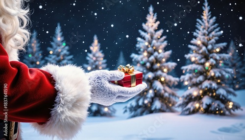 Santa's White Gloved Hand Holding a Christmas Gift in Winter Wonderland