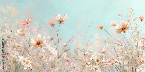Light, airy floral painting with daisies, pink accents, on blue sky background