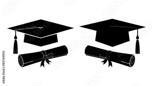 Vector illustration of two graduation caps and diplomas silhouettes isolated on transparent background