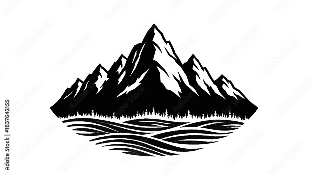 Fototapeta premium Vector illustration&nbsp;of mountain range with forest and water waves logo design isolated on transparent background