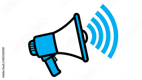 Vector illustration of blue megaphone icon with sound waves isolated on transparent background