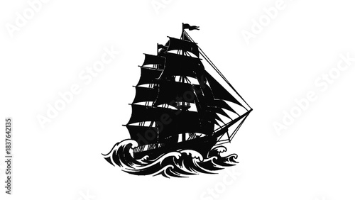 Vector illustration of black and white illustration of a large sailing ship or tall ship isolated on transparent background