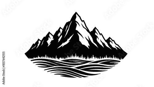 Vector illustration of mountain range with forest and water waves logo design isolated on transparent background