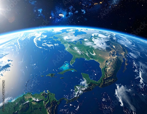 Earth from space. Shows continents, oceans, and a starry cosmic background