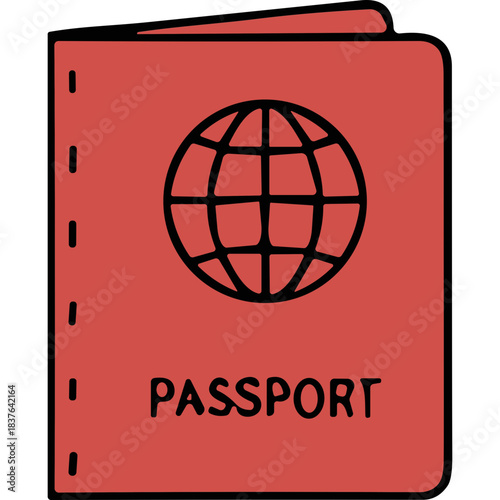Simple Red Passport With Globe Icon And PASSPORT Text Against Black Background Hand Drawn Style Vector Illustration