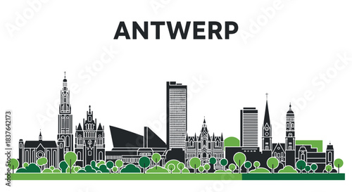 Antwerp Belgium city skyline flat vector illustration with landmarks