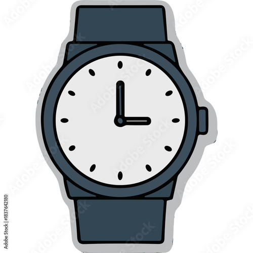 Simple Round Face Analog Wristwatch With Dark Blue Strap And White Dial Showing Three Oclock Position With Simple Hour And Minute Hands Isolated On White Background